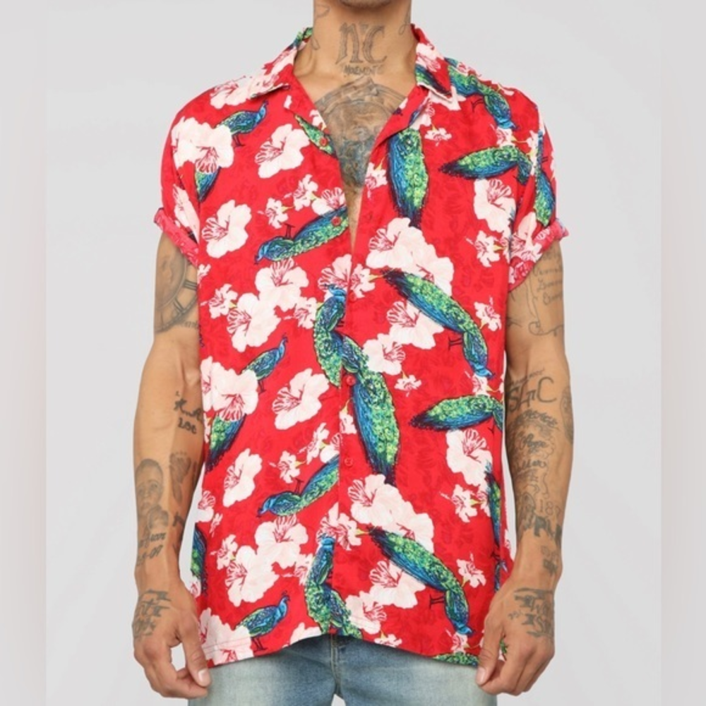 Drill Clothing‎ Co. Button Down Hawaiian Shirt Peacocks Red Size XL